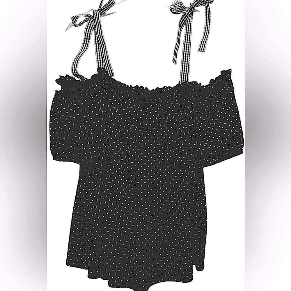 Polka Dot Top with Ruffle Detail, Gingham Shoulder Ties, Short Sleeve, Sz Large - Picture 2 of 9